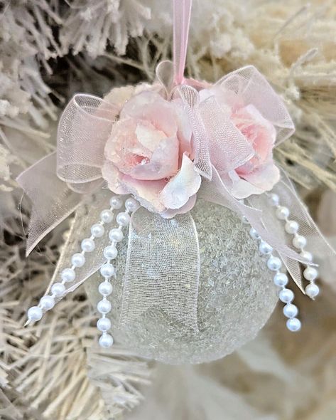 Shabby Victorian Cottage Chic Pink Rose Glass Glitter Ball Christmas Ornament Christmas Decor Ideas Pink And Silver, Pink Christmas Ornaments Diy, Pink Christmas Stocking, Diy Pink Christmas Decorations, Diy Decoupage Christmas Ornaments, Girlie Christmas, Lace Christmas Ornaments, Marbled Ornaments, Fancy Ornaments