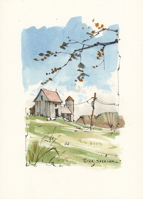 Fall farm | Peter Sheeler | Flickr Peter Sheeler, Line And Wash, Farmhouse Paintings, Pen And Wash, Watercolor Lessons, Cat Air, 수채화 그림, Watercolor Art Lessons, Pen And Watercolor