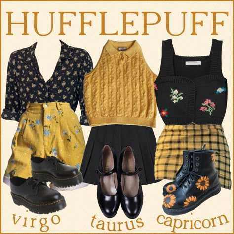 Hufflepuff Summer Outfit, Hufflepuff Academia Outfit, Hufflepuff Outfit Aesthetic, Hufflepuff Outfit Ideas, Hufflepuff Aesthetic Outfits, Hufflepuff Inspired Outfits, Hufflepuff Lookbook, Hufflepuff Outfit, Virgo Taurus