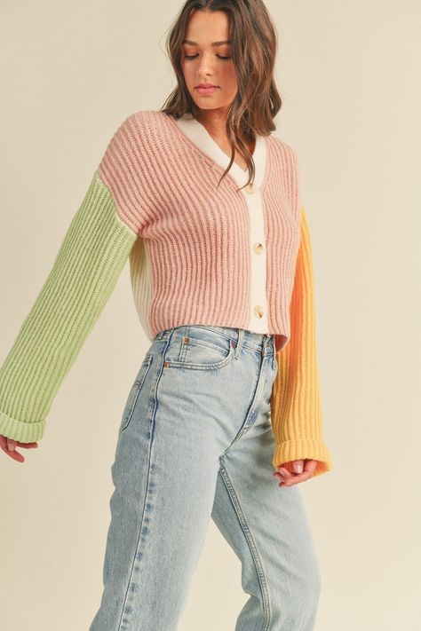 Queer Fashion, Color Block Cardigan, Teacher Outfit, Summer Sweaters, Personal Marketing, Sweater And Shorts, Knit Sweater Cardigan, Apparel Design, Cuff Sleeves