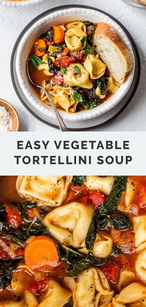 This Easy Vegetable Tortellini Soup recipe is a delicious healthy dinner idea for the weeknights. Ready in under 45 minutes, and great for freezing leftovers for later. Vegetarian recipe with plenty of ways to customize the veggies and seasoning. Tortellini Soup Easy, Vegetable Tortellini Soup, Vegetable Tortellini, Diet Soups, Dinner Soup Recipes, Healthy Soup Vegetarian, Cheese Tortellini Soup, Delicious Chili Recipe, Fit Mitten Kitchen