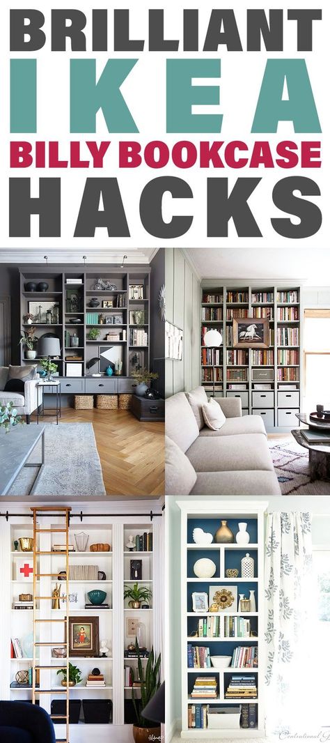 Brilliant IKEA Billy Bookcase Hacks that will add the perfect touch to your home decor. These budget friendly, cost effective hacks will turn a simple bookshelf into a piece that looks like it came out of the New York Library. So if you want a great expensive look on the cheap... try one of these IKEA Hacks that will amaze. #IKEAHacks #BillyBookcaseIKEAHacs #IKEABillyBookcaseHacks #HomeDecorIKEAHacks #IKEA #Hacks #HomeDecorHacks Ikea Hack Bookcase, Book Storage Ideas, Diy Kallax, Ikea Hack Living Room, Ikea Hack Bedroom, Ikea Hack Storage, Ikea Hack Kids, Billy Ikea, Closet Ikea