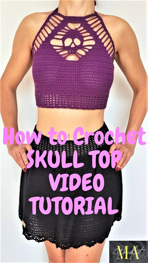 Trendy crochet crop top pattern SKULL CROCHET TOP! Let's learn how to crochet this modern and easy crochet top pattern. This goth crochet pattern is beginner-friendly. SIZE - This pattern is Made to measure - Which means that you can easily make this crochet TOP pattern, in any size you want. Free Crochet Pattern Video Tutorial Goth Diy Clothes, Easy Crochet Top Pattern, Crop Top Crochet Pattern, Goth Crochet, Skull Crochet, Crochet Skull Patterns, Crop Top Crochet, Top Crochet Pattern, Crochet Lace Shawl