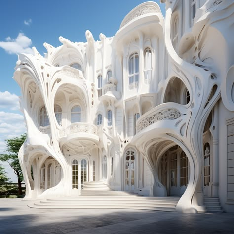 White Gothic House Exterior, Art Nouveau Futuristic, White Gothic Architecture, Mythical Architecture, Neofuturism Architecture, Neo Futurism Architecture, Famous Architecture Buildings, Biomorphic Architecture, Retro Futurism Space