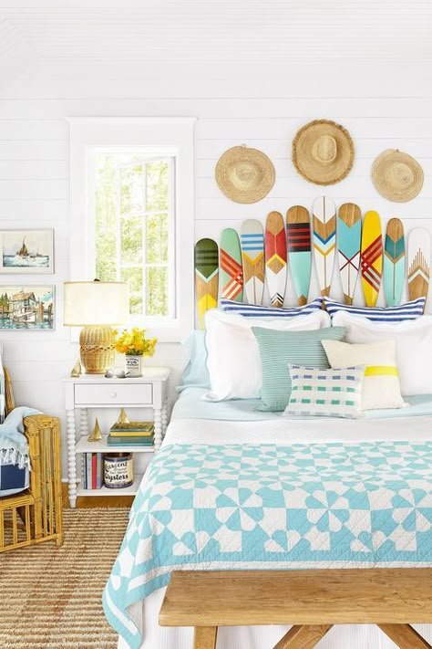 Furniture, Room, Yellow, Blue, Turquoise, Table, Interior design, Aqua, Orange, Wall, Guatemalan Decor, Backyard Lake, Lake House Bedroom, Lake Decor, House Bedroom, Cottage Bedroom, Beach Cottage Decor, Lake Cottage, Beach Cottage Style