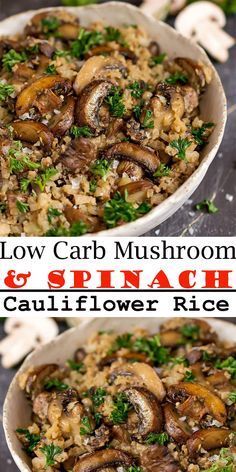 Cauliflower Rice With Mushrooms, Mushroom Spinach Cauliflower Rice, Spinach Cauliflower Rice, Mushroom Cauliflower Rice, Spinach Dinner, Rice With Mushrooms, Spinach Cauliflower, Cauliflower Rice Recipe, Cauliflower Mushroom