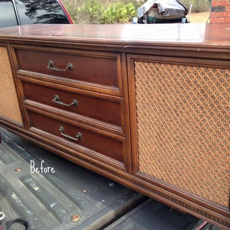 We found this vintage stereo console at a local Thrift Store, already gutted! The employee said it had been sitting in the store for over 3 months. She told me to make her an offer, so I did! And ten bucks later, she is all mine SCORE! I had a client who was looking for a special piece she could use as a bar in her dining room. So after contacting them to discuss color, etc. the flip begins! I cleaned the entire piece with TSP (yes I preach about this, because it is my favorit… Vintage Stereo Cabinet Makeover, Faux Ceiling Tiles, Stereo Cabinet Redo, Vintage Record Player Cabinet, Vintage Stereo Cabinet, Vintage Stereo Console, Old Record Player, Record Player Cabinet, Stereo Console