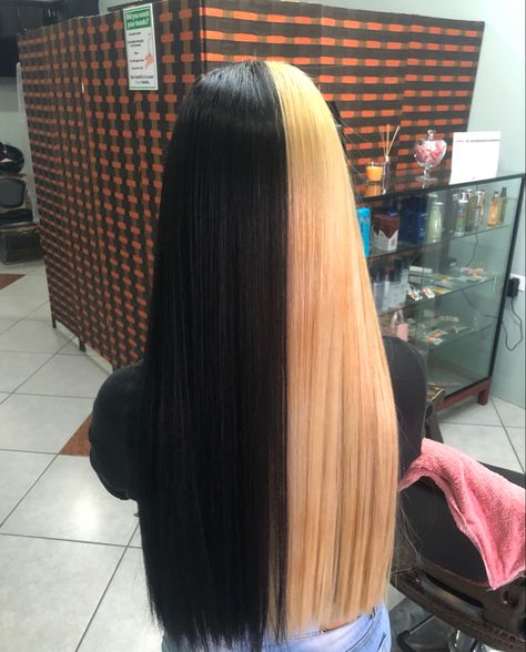 Black Blonde Split Dye, Split Dye Black And Blonde, Half N Half Hair Color, Split Dyed Hair Black And Blonde, Black And Blonde Split Dye, Half Brown Half Blonde Hair Split, Half Black Half Blonde Hair, Blonde Split Dye, Dye Hairstyle