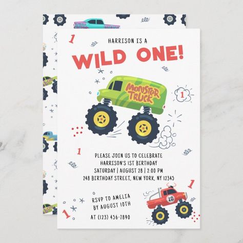 Wild One Birthday Modern Kids Monster Car Trucks Invitation - tap/click to get yours right now! #Invitation #birthday, #wild #one, #first, #cute, Purple Typography, Truck Party Invitations, Online Invitation Card, Typography Script, Wild One Birthday Invitations, Monster Car, Monster Truck Party, Cars Theme Birthday Party, Wild One Birthday