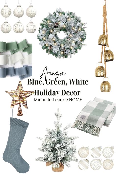 Blue, green and white holiday decor Baubles, Chiffon Ribbon, Rattan Star, Duck Egg Blue Christmas Stocking, Spruce Wreath, Vintage Cow Bells, Small Christmas Tree for Tabletop Sage Green And Blue Christmas Decor, Teal And White Christmas Decor, Light Blue And Green Christmas Decor, Green And Blue Christmas Decor, Blue And Green Christmas Decor, Blue And Green Christmas Tree, Green And Blue Christmas, Blue And Green Christmas, White Christmas Theme