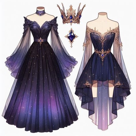 Fantasy Princess Outfit Art, Space Inspired Dress, Galaxy Dress Drawing, Fantasy Dress Drawing Outfit Ideas, Fantasy Dresses Drawing, Fantasy Dress Design Art, Fantasy Aesthetic Outfits, Fantasy Outfits Design, Anime Dress Design