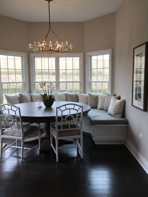 Backless Breakfast Nook Bench, Living Room With Built Ins And Sectional, Built In Dinette, Built In Table Kitchen Breakfast Nooks, Octagon Dining Room, Breakfast Nook Office, Breakfast Nook Sitting Area, Kitchen Table Chandelier, Fabric Holly