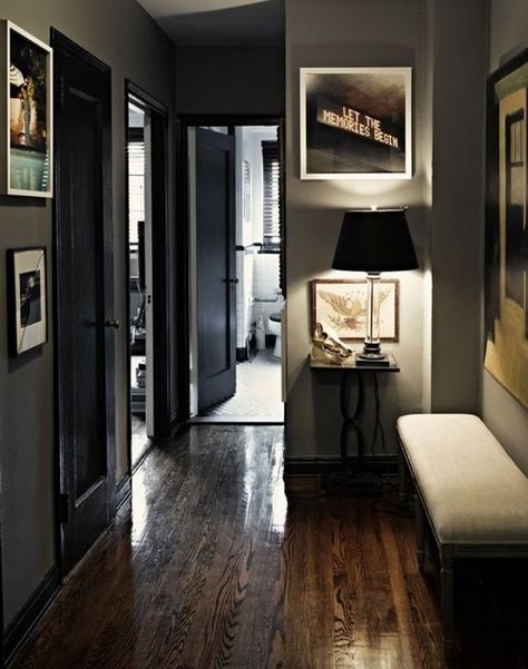 Dark Grey Hallway, Douglas Friedman, Rainy London, Grey Hallway, Dark Floors, Dark Wood Floors, Entryway Ideas, Dark Walls, Bachelor Pad