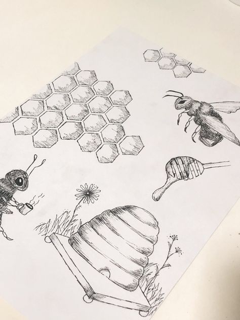 Bee Hive Drawings, Honey Artwork, Honey Comb Drawing, Honeycomb Drawing, Draw Bee, Camera Drawing Art, Beehive Drawing, Honeycombs Drawings, Bee Drawings