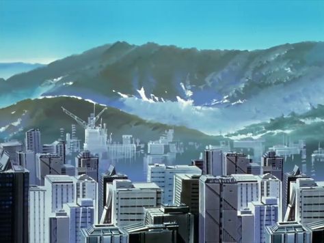 Evangelion Screencaps, Just Pictures, Anime City, City Background, Video Ideas, Futuristic City, Future City, Old Anime, Genesis Evangelion