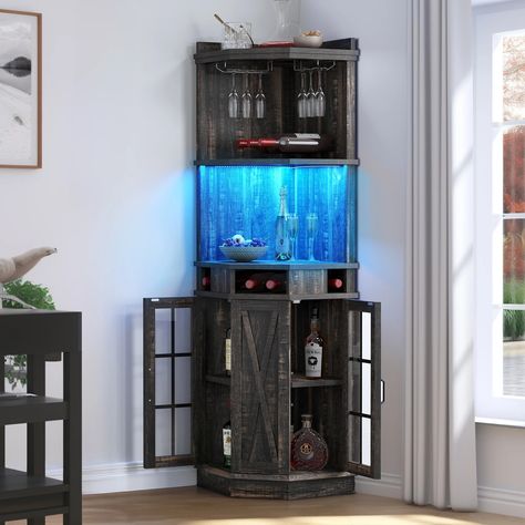 "Dextrus 72"" Black Oak Corner Bar Unit with RGB LED Lights & Shelves" - Walmart.com Corner Wine Cabinet, Alcohol Cabinet, Cabinet Wine Rack, Liquor Cabinet Bar, Corner Bar Cabinet, Corner Bar, Bar Unit, Cabinet Bar, Wine Bar Cabinet