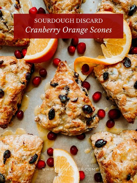 These Sourdough Discard Cranberry Orange Scones with Brown Butter Orange Icing include dried cranberries, orange, cinnamon, and vanilla. | whipandwander.com | #sourdoughdiscard #sourdoughdiscardrecipes #sourdoughdiscardscones #sourdoughscones #cranberryorangescones #cranberryscones #cranberryorange Sweet Brunch Recipes, Sweet Brunch, Cranberry Orange Scones, New Year's Eve Appetizers, Orange Icing, Cranberry Scones, Sourdough Starter Discard Recipe, Orange Scones, Homemade Bread Recipes Easy