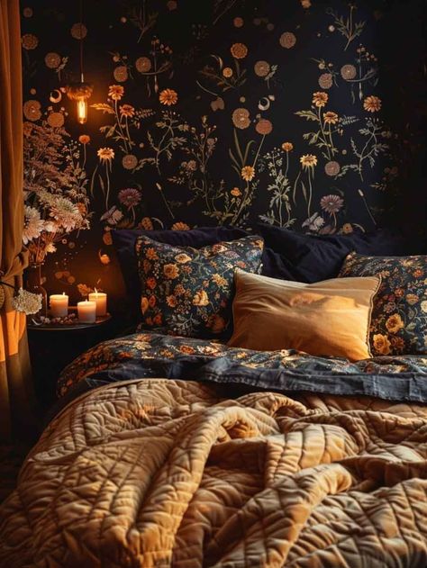 Cottagecore Bedroom & Bedding (Best from Instagram + Exclusive Ideas and Where to Shop) - The Mood Guide Black Floral Bedroom Ideas, Dark Cottagecore House Bedroom, Dark Cottagecore Living Room Ideas, Cozy Bedroom Dark Walls, Moody Whimsical Bedroom, Dreamy Bedrooms Romantic Cozy, Moody Cottagecore Aesthetic, Dark Cottagecore Home Decor, Practical Magic Bedroom Aesthetic