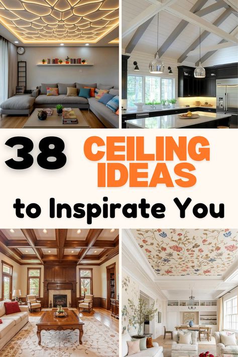 A collage highlighting various ceiling design ideas for home interiors. The top left features a modern living room with a textured ceiling illuminated by warm LED strip lights, complemented by a gray sectional sofa and colorful cushions. The top right shows a bright kitchen with high, wooden-beamed ceilings and sleek pendant lights above a black island. The bottom left displays a cozy living room with elegant coffered wooden ceilings and natural light from large windows. Wood Beams On Tray Ceiling Living Room, Try Ceiling Ideas, Apartment Ceiling Ideas, Collar Ties Ceiling, Dramatic Ceiling Ideas, Budget Friendly Ceiling Ideas, Funky Ceiling Ideas, Faux Ceiling Ideas, Decorative Ceilings Ideas