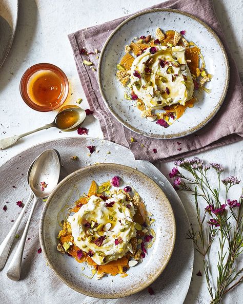 Honey, sesame and filo cheesecake puddings | delicious. magazine Filo Pastry Recipes, Greek Dessert, Cheesecake Mix, Honey Sesame, Cheesecake Pudding, Filo Pastry, Dessert Photography, Delicious Magazine, Beautiful Desserts