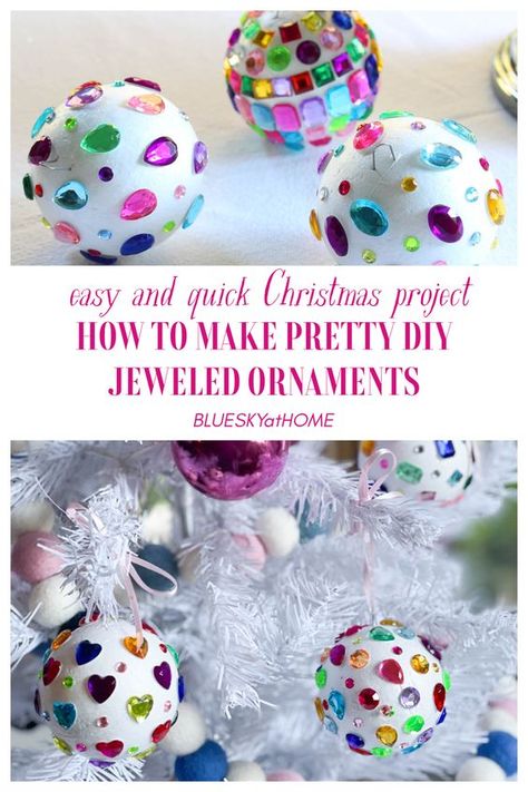 How to Make Pretty Jeweled Christmas Ornaments. This easy DIY project uses adhesive jewels and styrofoam balls to create shiny ornaments. Your Christmas decorations will glow with the addition of these quick and simple Christmas ornaments. Diy Styrofoam Christmas Ornaments, Clear Round Ornaments Diy Kids, Xmas Tree Ornaments Diy Craft Ideas, Rhinestone Christmas Ornaments Diy, Diy Xmas Baubles, Sequin Ornaments Diy Styrofoam Ball, Styrofoam Ball Crafts Christmas, Christmas Ball Crafts, Ornament Making Party