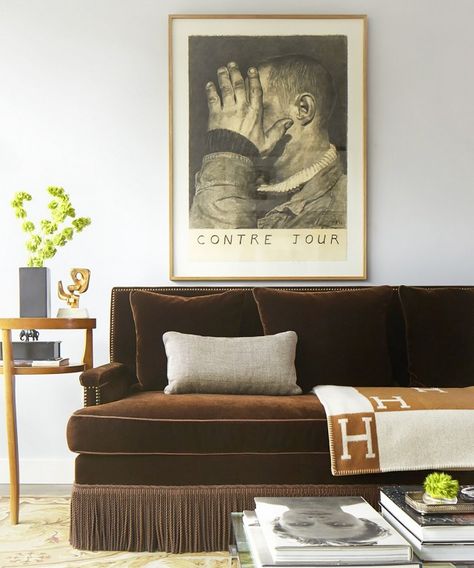 This sofa is amazing  | MyDomaine Brown Velvet Sofa, Salons Cottage, Dark Brown Couch Living Room, Brown And Cream Living Room, Dark Brown Couch, Brown Walls Living Room, Dark Brown Sofas, Velvet Sofa Living Room, Brown Sofa Living Room