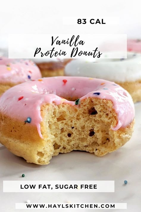 Easy Vanilla Protein Donuts with the highest protein you will find! Vanilla protein powder donuts are healthy with only 83 calories each, low sugar and low fat. Low Calorie Donuts, Protein Donuts Recipe, Healthy Protein Desserts, Healthy Donuts Recipe, Cake Donuts Recipe, Easy Donut Recipe, Low Calorie Protein, Protein Donuts, Healthy Donuts