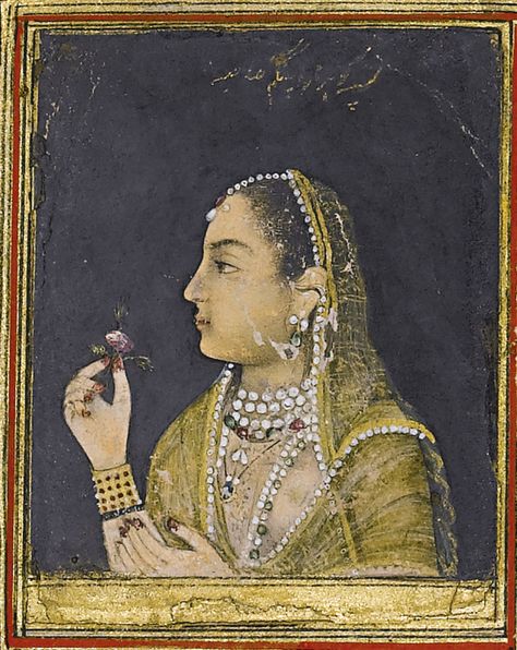 A portrait of Jahanara Begum. Gouache heightened with gold on paper, India, Mughal, 18th century, This is a rare portrait of Jahanara Begum (d.1681), the eldest surviving daughter of Emperor Shah Jahan (r.1628-58). He bestowed on her the titles Zamani ('Lady of the Age'), Padishah Begum ('Lady Emperor'), and Begum Sahib ('Princess of Princesses'). ... Mughal History, Mughal Princess, Indian Miniature Paintings, Mughal Miniature Paintings, Mughal Miniature, Indian Symbols, Ancient Indian Art, Indian Miniature, Mughal Architecture