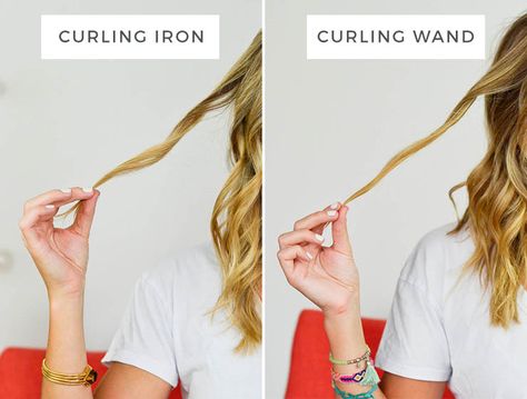 everything you need to know about curling irons vs curling wands Hair Curled Up At Ends, Curling Iron Vs Wand Curls, Hair Tips For Swimmers, Wand Vs Curling Iron, Fast Curls, Ringlets Hair, Wand Curling Iron, Curling Wands, Using A Curling Wand