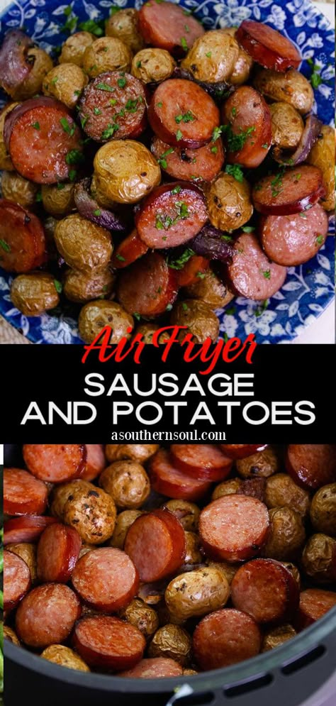 Easy Air Fryer Sausage And Potatoes Airfryer Recipes College, Popular Air Fryer Recipes, Air Fryer Recipes College, Fast Air Fryer Meals, Weekday Dinner Ideas For Two, Meal Prep Potatoes, Quick Air Fryer Dinner, College Food Ideas, College Meal Ideas