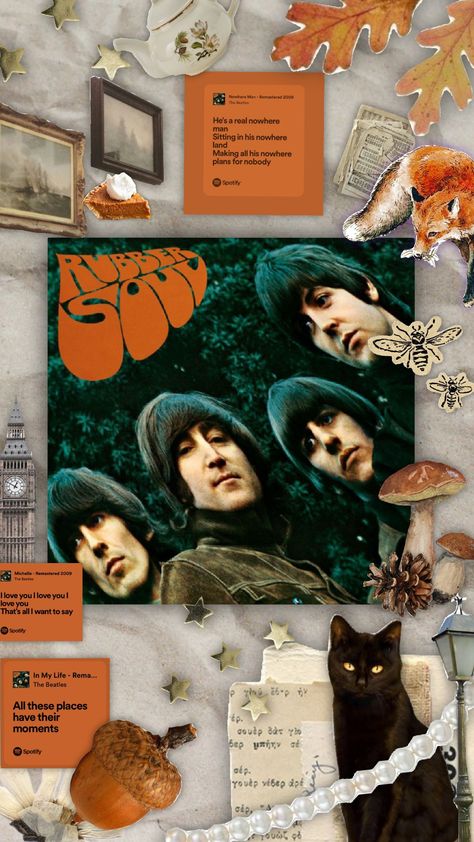 Rubber Soul- The Beatles 🍂🎧☕ #Thebeatles #beatles #music #60smusic #60s #rock #classicrock #rubbersoul #album #aesthetic #collage #fall #autumn #orange Rubber Soul Wallpaper, Beatles Aesthetic, Rubber Soul Beatles, Beatles Wallpaper, Nowhere Man, 60s Rock, John Lennon Paul Mccartney, Album Aesthetic, George Martin