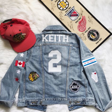 🚨🚨Custom Game Day Jacket 🚨🚨 this one was a lot of fun to make even if I'm a DET girl! - S W I P E - to see my favorite part of the… Football Diy, Football Jackets, Custom Denim Jacket, Custom Denim, Hockey Mom, My Favorite Part, Jean Jacket, Nhl, Diy Sewing