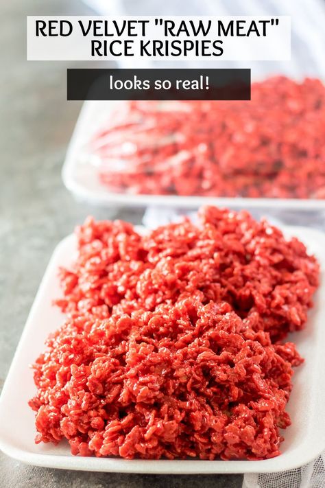 Give your rice krispie treats a spooky upgrade and make these red velvet "raw meat" rice krispie treats! It only takes a few ingredients and a few minutes to put together these tasty Halloween treats but your guests won't forget them! | www.persnicketyplates.com Gross Halloween Foods, Halloween Rice Krispies, Trick Your Friends, Halloween Rice Krispie Treats, Pumpkin Chip, Halloween Food Ideas, Spooky Halloween Treats, Red Velvet Cake Mix, Halloween Food Treats