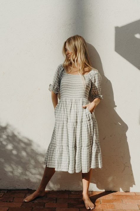 The light blue/sage gingham print is the perfect pop of pattern to add into your capsule and is such a classic look with a girly edge! Jean Dresses, Church Fits, Carly Jean Los Angeles, Dress Sage, Poppy Dress, Spring Dresses Casual, Denim Dresses, Fashion And Beauty Tips, Wardrobe Tips