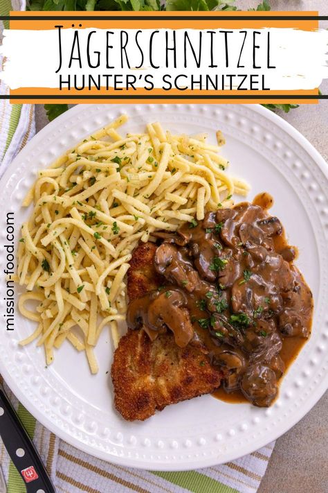 Jägerschnitzel, or Hunter’s Schnitzel, is a popular German dish of fried pork cutlets topped with luscious mushroom gravy. With a crispy crust and tender, juicy interior, schnitzel just can’t be beat. Finishing it with a classic jägersoße (hunter’s sauce) is one of the best ways to enjoy it! Weiner Schnitzel Recipe Pork, German Snitzel Dinner, Jaeger Schnitzel Sauce Mushroom Gravy, Mushroom Gravy For Schnitzel, Hunters Gravy, Schnitzel Sauce Recipe, Schnitzel With Noodles, Pork Snitzel Recipe Germany, Jager Schnitzel Recipe