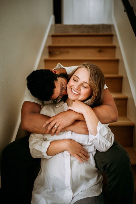 Maternity shoot, maternity photoshoot pose ideas Maternity Photography Stairs, Fireplace Maternity Pictures, Maternity Photos On Stairs, Maternity Chair Poses, Pregnant Photoshoot At Home, Baby Bump Photoshoot Ideas, Bump Poses, Indoor Maternity Photoshoot, Stair Poses