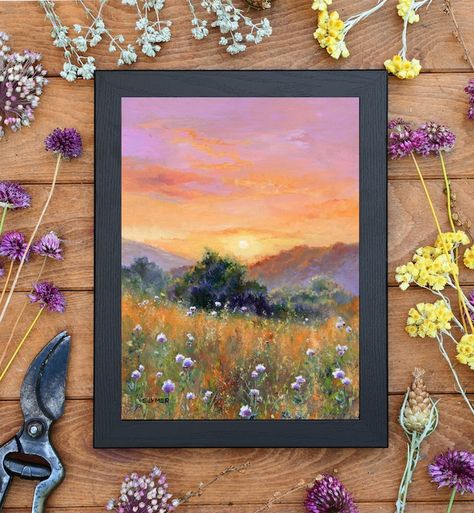 Meadow Sunset, Beautiful Paintings Of Nature, Sea Artwork, Realistic Oil Painting, Painting Summer, Vintage Framed Art, Summer Meadow, Countryside Landscape, Seascape Art