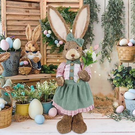 Amazon.com: DR.DUDU Large Sisal Easter Bunny Decoration, 2.7 ft Standing Rabbit Figure with Flowers, Spring Decor Bunny Statue, Easter Sculptur Big Sisal Bunny for Home Indoor Outdoor Farmhouse Porch : Clothing, Shoes & Jewelry Standing Rabbit, Outdoor Farmhouse, Bunny Statue, Large Rabbits, Rabbit Sculpture, Farmhouse Porch, Bunny Figurine, Easter Bunny Decorations, Bunny Decor