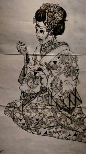 Japanese Geisha Art Japanese Zombie, Japanese Geisha Art, Japanese Geisha Tattoo, Zombie Tattoo, Geisha Illustration, Zombie Tattoos, Full Leg Tattoos, Geisha Tattoo, Geisha Art