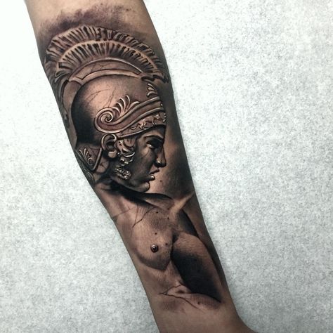 Forearm Achilles Tattoo -salvat.tattooartist Achilles Tattoo Ideas, Achilles Tattoo, Costa Rica Tattoo, Tattoo Over Scar, Romantic Tattoo, Helmet Tattoo, Peacock Tattoo, Greek Heroes, Greek Mythology Tattoos