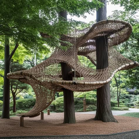 Tree House Nets, Treehouse Ideas Kids, Playground Design Landscape, Urban Forest Design, Tree Netting, Forest Playground, Climbing Playground, Climbing Garden, Tree Net