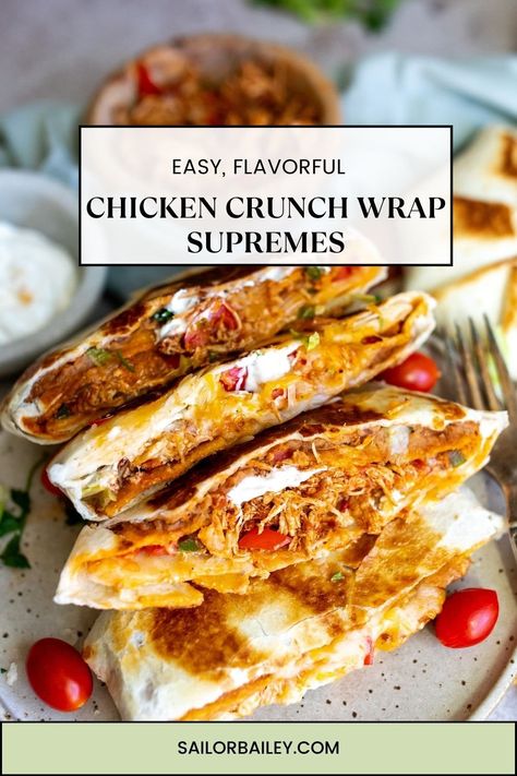 Chicken Crunch Wrap Supremes are the ultimate FUN dinner. Loaded with veggies and shredded, flavorful chicken in every bite. via @sailor_bailey Shredded Chicken Crunch Wrap, Bbq Chicken Crunch Wrap, Crunch Wrap Chicken, Shredded Chicken Burrito Recipe, Shredded Chicken Wrap Recipes, Rotisserie Chicken Wrap Recipes, Chicken Crunch Wrap Supreme, Shredded Chicken Dinner Ideas, Shredded Chicken Wraps