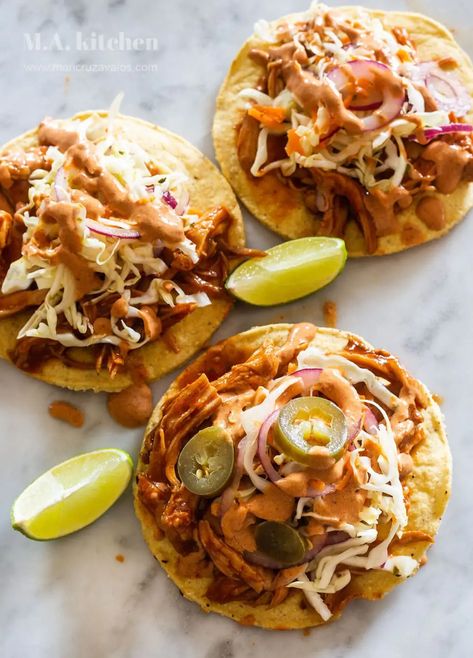 BBQ Chicken Tostadas | Super Easy Recipe! Chipotle Mayo Sauce, Sweet Bbq Chicken, Bbq Chicken Tostadas, Mexican Slaw, Homemade Chorizo, Tostada Recipes, Shredded Bbq Chicken, Chicken Tostadas, Chipotle Sauce