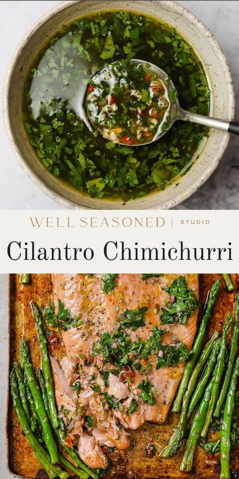 Cilantro Chimichurri is a fresh, vibrant herb sauce made with cilantro, parsley, garlic, olive oil, and vinegar. It's a popular condiment in Argentina and Uruguay, where it is used to season grilled meats, vegetables, and seafood -- we love it over grilled or roasted salmon! Chimichurri can also be used as a dipping sauce or as a marinade. GF, DF, Vegan Chimichurri Sauce For Fish, Chimichurri Recipe Argentina, Salmon Chimichurri, Argentinian Chimichurri Recipe, Cilantro Chimichurri, Chimichurri Sauce Recipe, Cilantro Parsley, Homemade Seasoning, Chimichurri Recipe