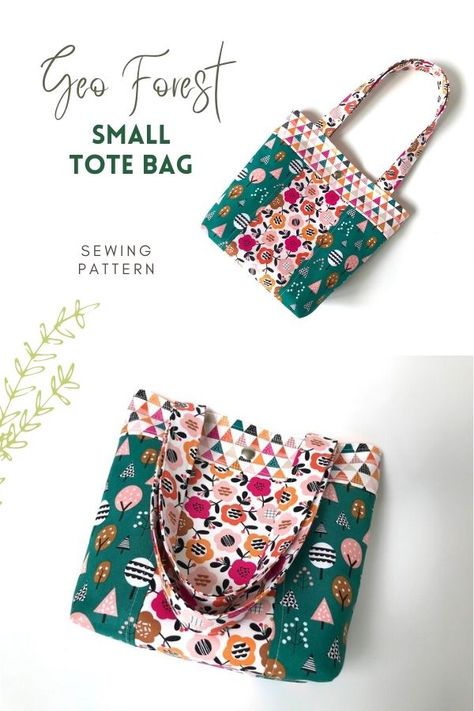 Geo Forest Small Tote Bag sewing pattern. With this awesome tote bag sewing pattern, you'll be able to make this cute little handbag from your favorite fabric bundle. With the side panels of this lovely Tote Bag, you'll be able to show off coordinating prints at their best, including the fabric handles. Suitable for a beginner sewer, this is an easy tote bag to sew from pretty cotton fabrics, and a magnetic snap. SewModernBags. Fat Quarter Tote Bag Free Pattern, Small Bag Patterns To Sew, Mini Tote Bag Pattern, Small Tote Bag Pattern, Diy Bag Patterns, Quilted Tote Bags Patterns, Sew Tote Bag Pattern, Beginner Sewer, Small Bag Pattern