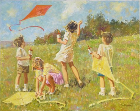 Childhood Art Painting, Paintings Of Childhood, Childhood Imagination Art, Paintings About Childhood, Growing Up Painting, Childhood Memories Art Nostalgia, Flying Kites Drawing, Childhood Nostalgia Art, Kite Flying Drawing