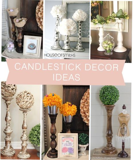 Candlesticks Decor Ideas Decorating With Candlesticks Ideas, Decorating With Candlesticks, Tall Candle Holders Decor, Candlestick Decor Ideas, Candle Stick Decor Ideas, Candlesticks Decor, Candle Holders Decor Ideas, Pumpkin Candlesticks, Candlestick Arrangements