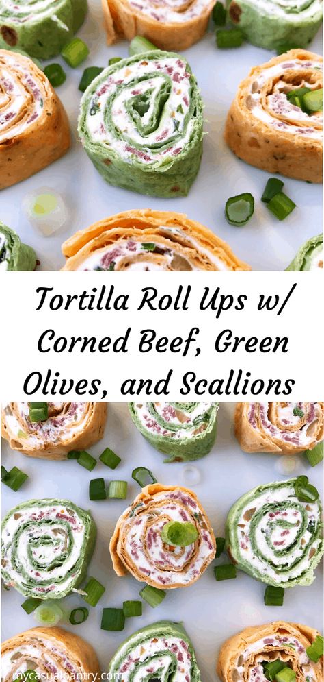 Tortilla Roll-Ups with Corned Beef, Green Olives, and Scallions - a delicious, make-ahead appetizer perfect for any party.  Spinach and sun-dried tomato tortillas add festive color and make these roll-ups ideal for Christmas. | mycasualpantry.com #appetizers #snacks Spinach Tortilla Wraps, Tortilla Pinwheels Recipe, Beef Roll Ups, Beef Olives, Beef Appetizers, Italian Recipes Appetizers, Spinach Tortilla, Tortilla Rolls, Halloween Food Appetizers