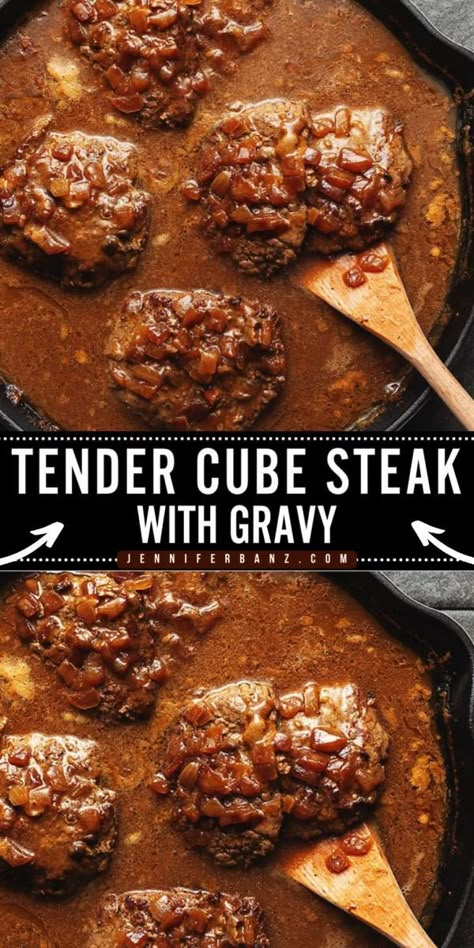 Try this main course recipe for steak and gravy! Fall-apart tender with a savory onion gravy, this cube steak is so flavorful. Plus, it's an easy family dinner in the slow cooker or on the stove top! Crock Pot Cube Steak Recipe, Cube Steak With Gravy, Crock Pot Cubed Steak Recipes, Tender Cube Steak, Minute Steak Recipes, Cubed Steak Recipes Easy, Crock Pot Cube Steak, Cube Steak Recipe, Minute Steak