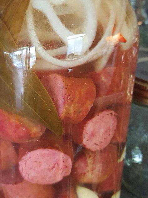 Pickled Sausage Recipe, Pickled Bologna, Pickled Meat, Pickled Sausage, Pickled Things, Pickled Eggs Recipe, Little Smokies, Smoked Sausage Recipes, Canning Recipe